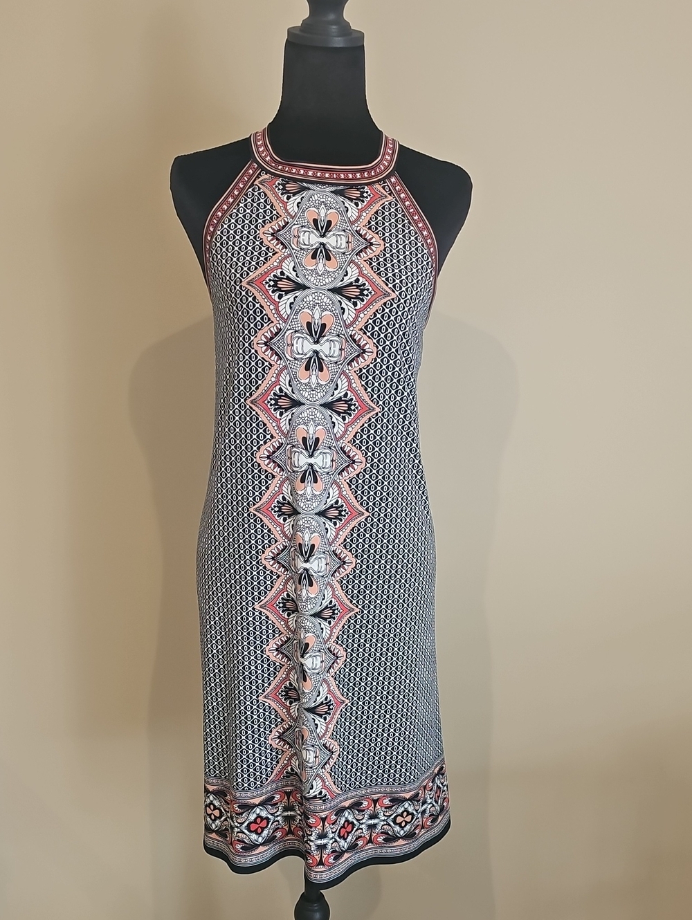 Max Studio Black and Pink Geometric-Print Halter Midi Dress